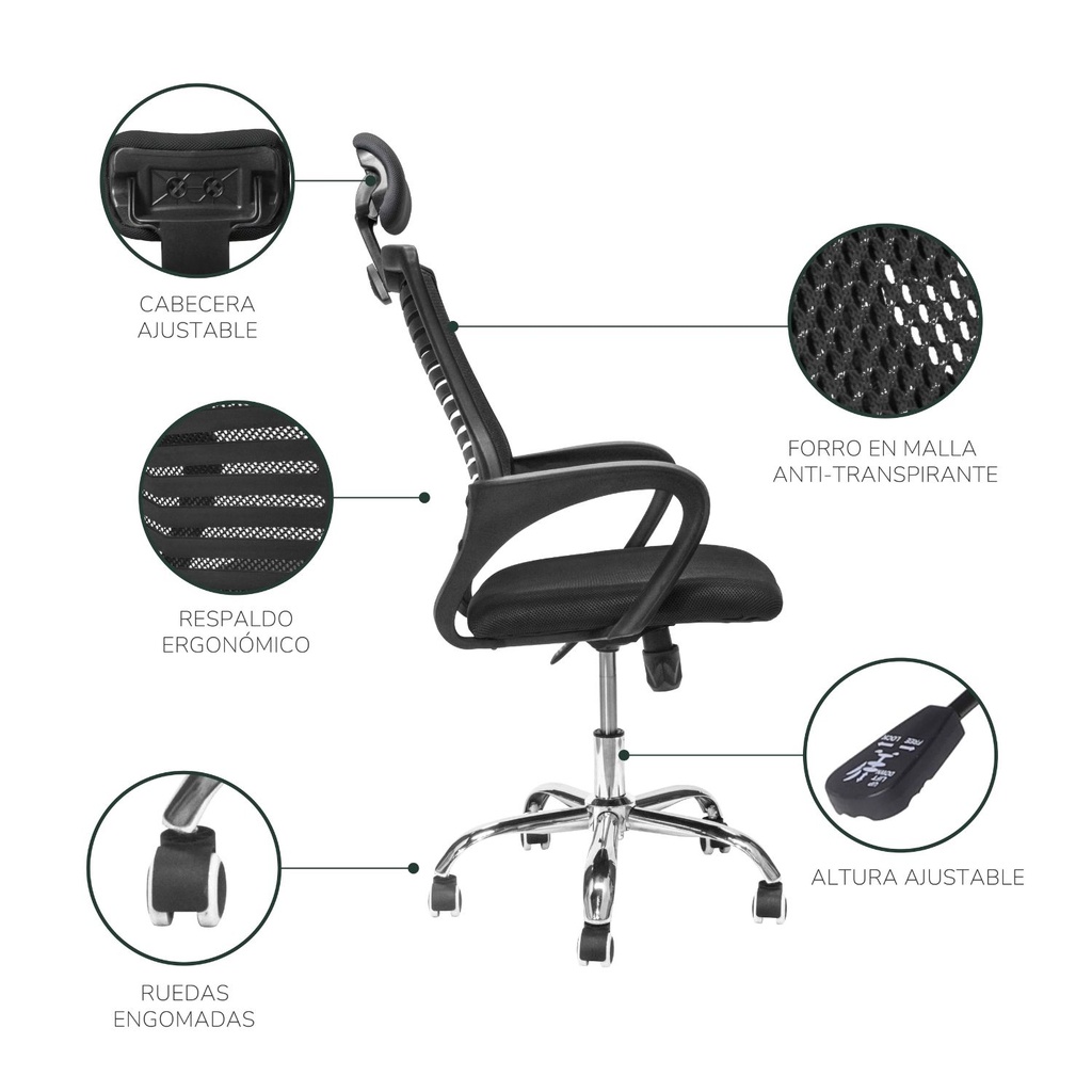 Silla de Oficina con Cabecera Ajustable Negra